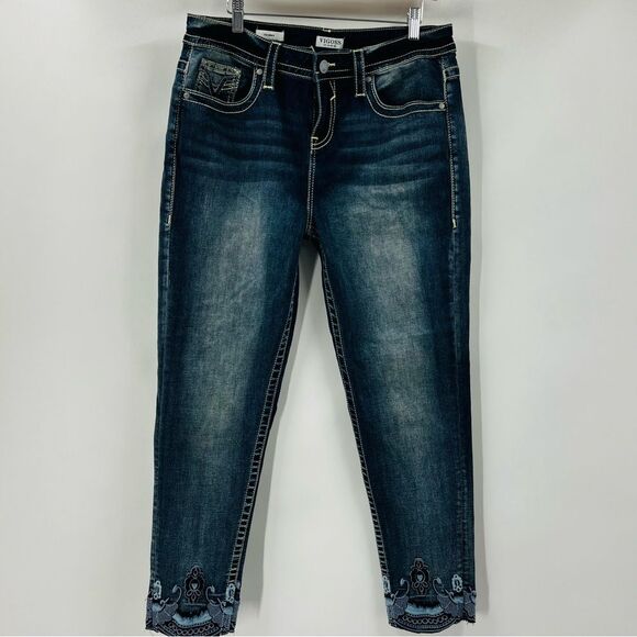 Vigoss Blue Washed Heritage Mid Rise Embroidered Hem Skinny Jeans 12 Maurice’s - Picture 2 of 6